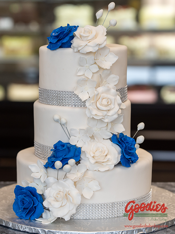 White, Blue and Silver Wedding Cake by Goodies Bakery