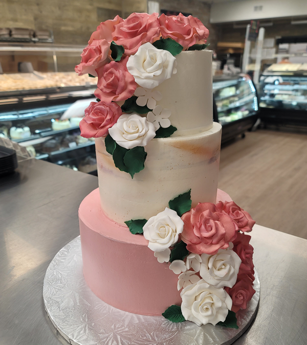 White and Coral Pink Fondant Roses Cake
